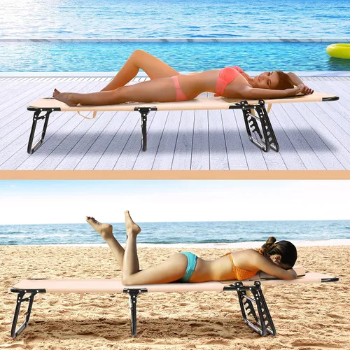 Vista 4 de Sillón plegable de playa con 5 respaldos ajustables y almohada acolchada, tumbona para tomar el sol, silla plana de bronceado para cubierta de Beige