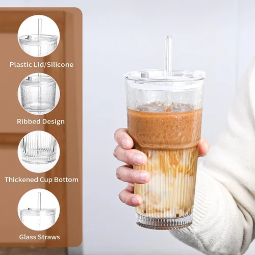Vista 6 de Tazas de vidrio de 20oz con tapas y pitillos, 2 piezas de tazas de vidrio con tapas y pitillos, tazas de café helado con tapa, vasos para jugo