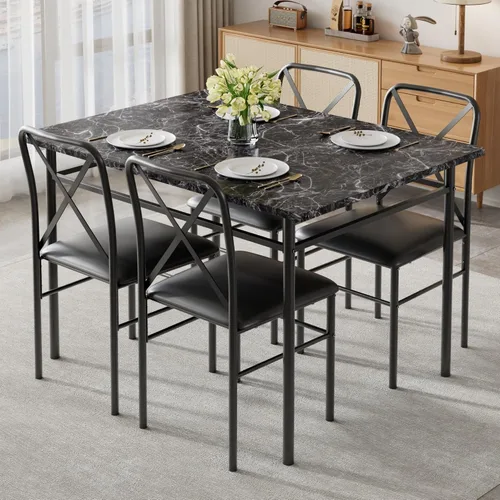 Vista 11 de VECELO Juego de mesa de comedor para 4, mesa de cocina de vidrio de 5 piezas con sillas acolchadas tapizadas para espacios pequeños, rincón