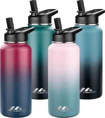 Vista 25 de StarSpeed Botella de agua aislada de 32 onzas con tapa con pajilla, botella de agua al vacío de doble pared de acero inoxidable, botella de agua