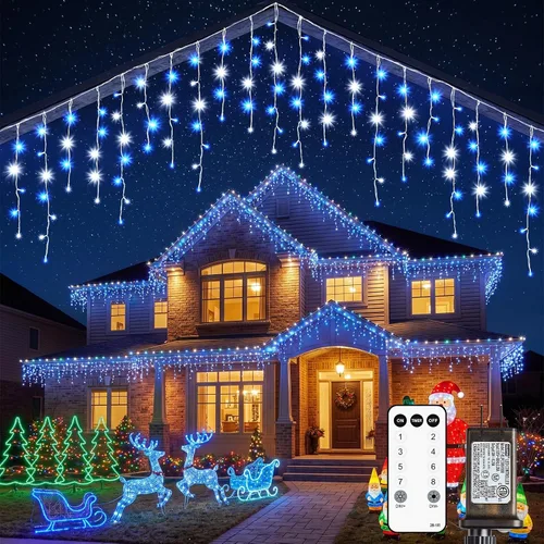 Vista 14 de Luces de Navidad de carámbano para exteriores, 40 pies, 432 LED, impermeables, para exteriores, 8 modos de iluminación, con control remoto