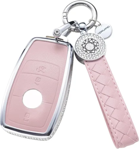 Vista 33 de Funda para llave inteligente con llavero, de piel auténtica color rosa, con cristales, carcasa protectora