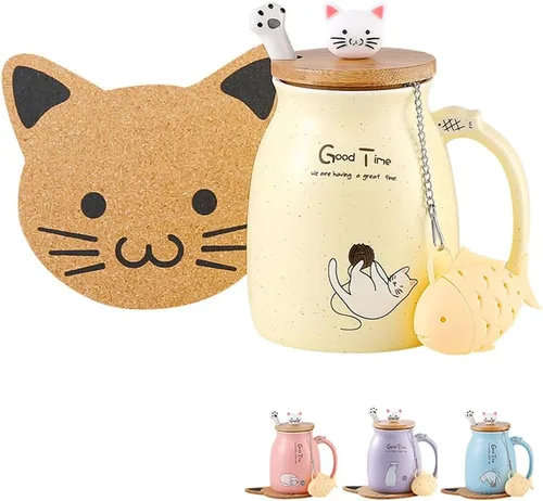 Vista 8 de BigNoseDeer Lindas tazas Kawaii de gato, taza de café de cerámica con infusor y tapa, cuchara, taza de té, regalos lindos y geniales para mujeres