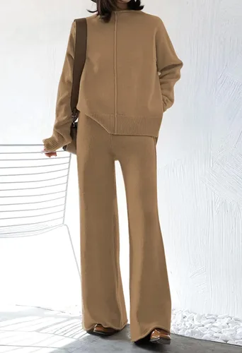 Vista 2 de HUUSA Conjunto deportivo de 2 piezas para mujer, manga larga, cuello alto, suéter de punto, sin botones, cintura alta, piernas anchas, conjunto