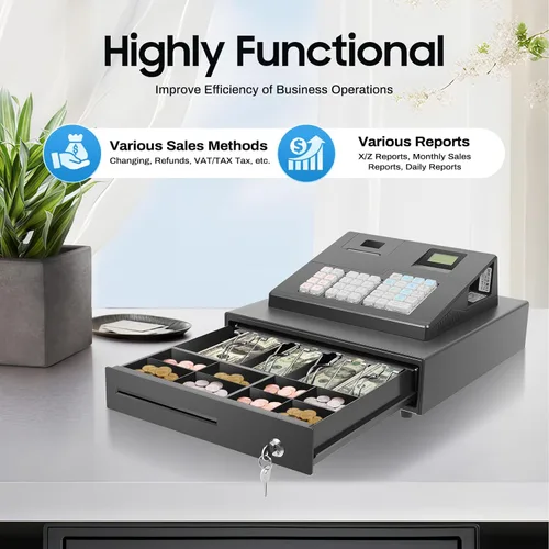 Vista 5 de Caja registradora pequeña de 39 llaves electrónica con cajón, caja registradora sin llave, impresión térmica rápida y silenciosa, pantalla de doble