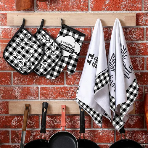 Vista 5 de Juego de 5 toallas de cocina a cuadros de búfalo, guantes de horno y soporte para ollas, toallas de cocina en blanco y negro, almohadillas calientes