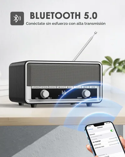 Vista 5 de Radio Bluetooth AM FM de madera retro con pantalla de tiempo
