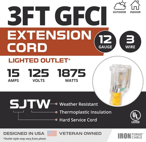 Vista 2 de Iron Forge Cable Cable de extensión GFCI iluminado para exteriores de 3 pies - Cable de extensión SJTW amarillo resistente 12/3 con enchufe