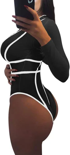 Vista 2 de GOKATOSAU Mono de manga larga con cuello en V profundo para mujer, diseño de triángulo, sexy