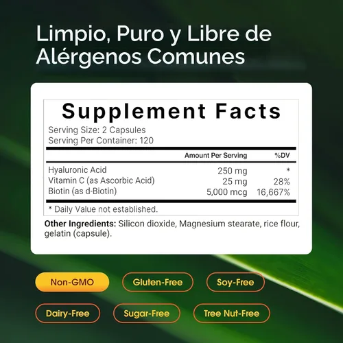 Vista 3 de NatureBell Suplementos de ácido hialurónico, 250mg de ácido hialurónico con 25mg de vitamina C por porción, 200 cápsulas, apoya la hidratación