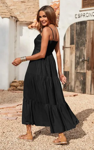 Vista 4 de PRETTYGARDEN - Vestido largo de verano para mujer casual bohemio sin mangas con tirantes delgados fruncido para playa para el sol