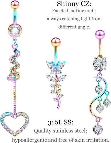 Vista 3 de 7PCS 14G 10mm Stainless Steel Dangle Belly Button Rings for Women Belly Piercing CZ Inlaid