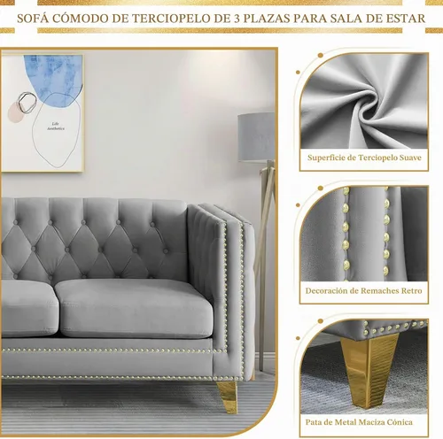 Vista 5 de Sofá de terciopelo de 3 plazas, cómodos sofás para sala de estar, sofá moderno con respaldo copetudo y decoración de remaches, sofá largo tapizado