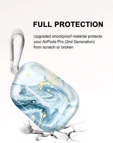 Vista 6 de Funda para Airpods Pro de 2ª generación, diseño de mármol con purpurina dorada, piel protectora de TPU para mujeres y niñas con llavero compatible