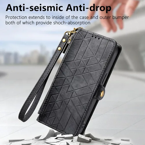 Vista 4 de Asuwish Funda para teléfono Samsung Galaxy A04e con protector de pantalla de vidrio templado y correa para la muñeca de cuero con cremallera