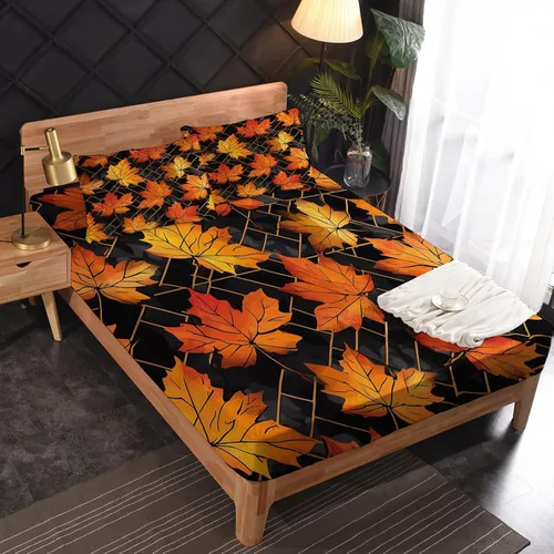 Vista 2 de Juego de sábanas de hojas de otoño tamaño individual, sábanas de microfibra suave y bolsillo profundo, sábanas y fundas de almohada estampadas sin