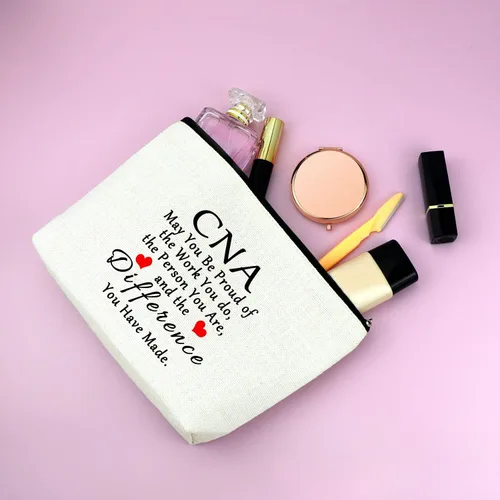 Vista 6 de Mxrymvu Regalos de la semana de CNA Bolsas de maquillaje Regalos de agradecimiento CNA, 2 piezas beige.