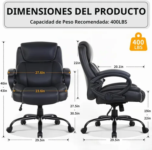 Vista 3 de BestOffice Silla de oficina grande y alta, resistente, asiento ancho de 400 libras, silla ergonómica de escritorio para computadora con brazos