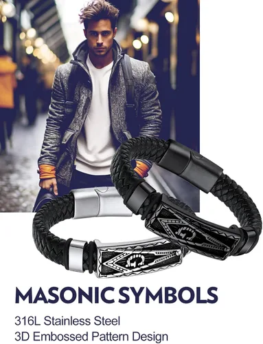 Vista 5 de Bandmax Pulsera trenzada de cuero negro para hombre con colgante gótico punk, pulsera de cuero con hebilla de acero inoxidable, paquete de regalo