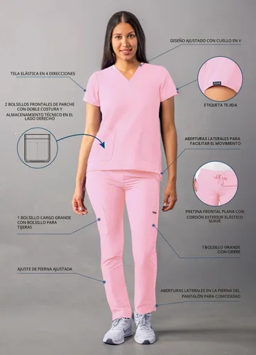 Vista 3 de Adar Addition Go-Basic - Conjunto de uniforme quirúrgico para mujer con blusa de cuello en V y pantalones cargo ajustados Rosa suave