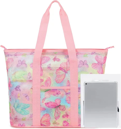 Vista 12 de CAMTOP Bolsas de playa para mujer, bolsa de playa de malla con cremallera, bolsas de conchas para niños, grandes para piscina, natación, vacaciones