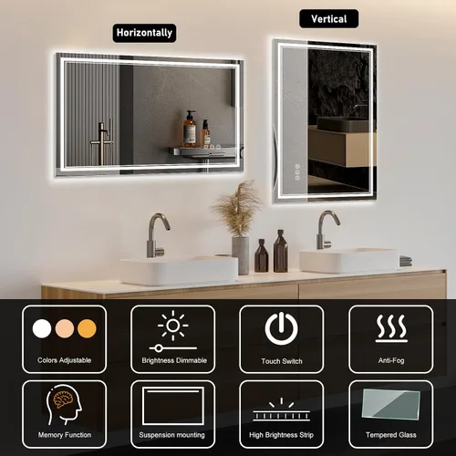 Vista 4 de Ratsamee Espejo de baño LED de 30x30 pulgadas con iluminación frontal y trasera (control independiente), espejo iluminado para pared de baño con 3