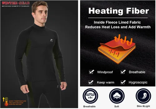 Vista 2 de Men's Fleece Lined Long Johns Base Layer Set Top Bottom for Ski Running Cold Weather