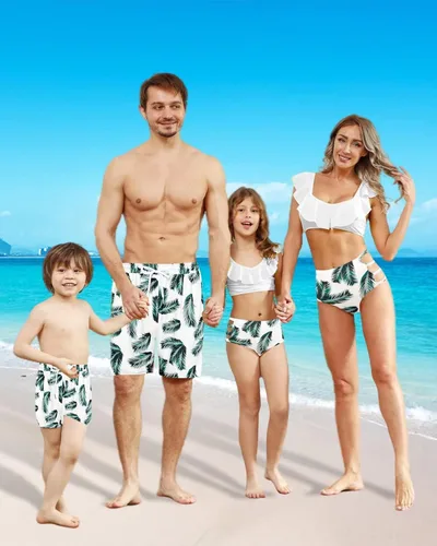 Vista 2 de Matching Family Swimsuits Ruffle&Palm Print Bikini Top Bathing Suits Racerback with High Waisted Bottom Tankini Set