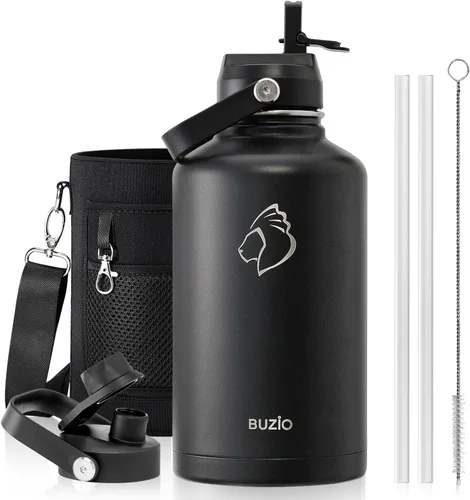 Vista 64 de BUZIO Botella de agua aislada de 24 oz, frasco de agua de boca ancha de acero inoxidable con tapa de pajita, frío durante 48 horas a prueba de Negro