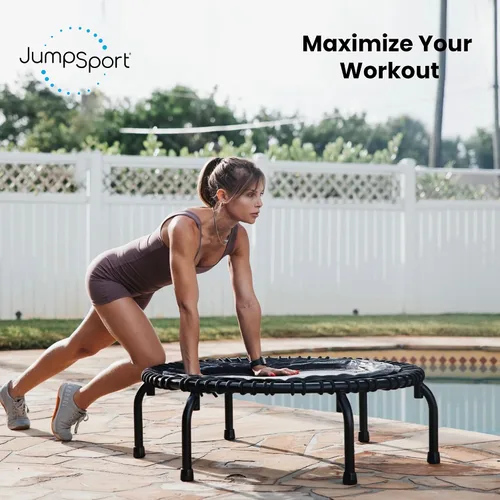 Vista 6 de JumpSport 350 PRO - Trampolín de fitness resistente para interiores, 39 pulgadas, 36 cordones elásticos EnduroLast de alta calidad, rebote