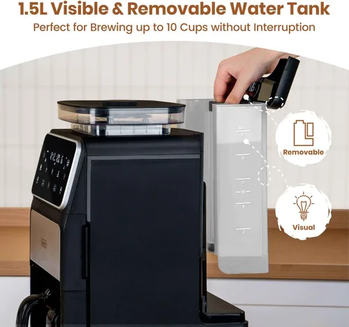 Vista 7 de Gevi Cafetera de goteo de 10 tazas con molinillo integrado, máquina de café combinada de moler y preparar rebabas con pantalla táctil, programable