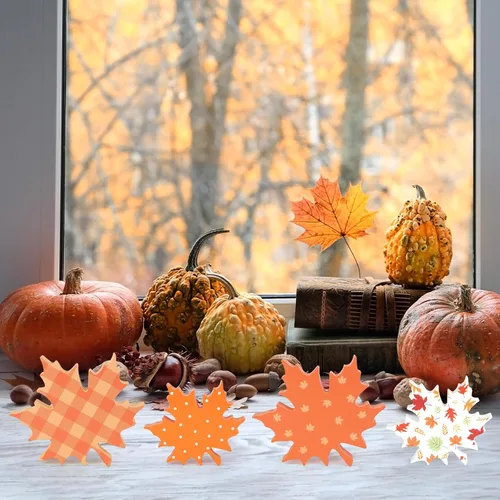 Vista 6 de COCHIE Decoraciones de hojas de otoño de madera para oficina en el hogar, granja, set de 4 para decoración de mesa de Acción de Gracias, bandeja