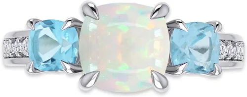 Vista 2 de Diseño de tres piedras, centro de 0.236 pulgadas, corte cojín, ópalo blanco natural y lado de 0.157 pulgadas, piedra preciosa de topacio azul suizo