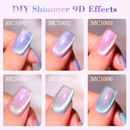 Vista 4 de Double Rhythm Juego de esmaltes de gel de ojo de gato, 6 colores, purpurina brillante con imán, holográfico, reflectante, magnético, UV, kit de arte