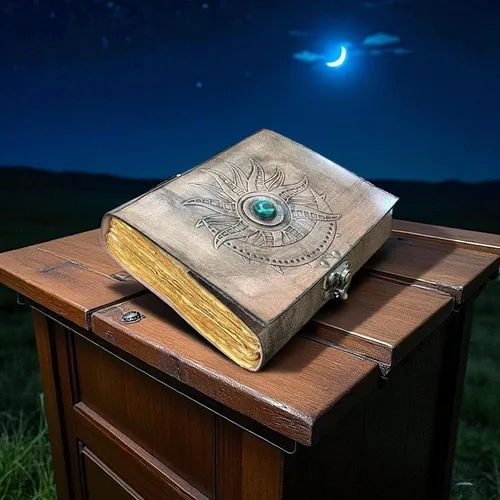Vista 3 de Leather Journal with Sun & Moon Embossed Design – Vintage Notebook with Green Gemstone Spell Book, Grimoire, Travel Diary, Sketchbook, Writing