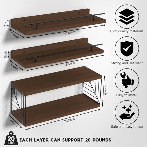 Vista 3 de Estantes flotantes para pared, estante flotante para baño, juego de 3, estante flotante para pared con soporte de papel higiénico para baño, Marrón