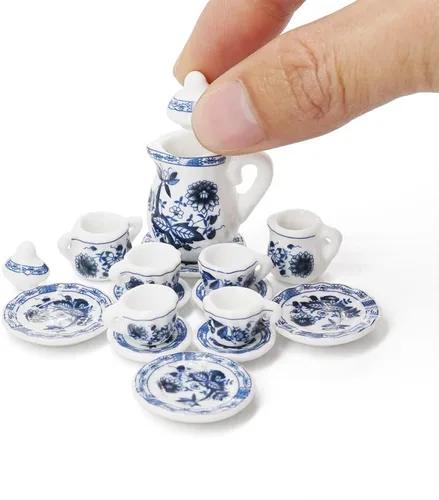 Vista 18 de Odoria 1:12 Miniatura 15pcs porcelana azul Chintz taza de té Set (azul)