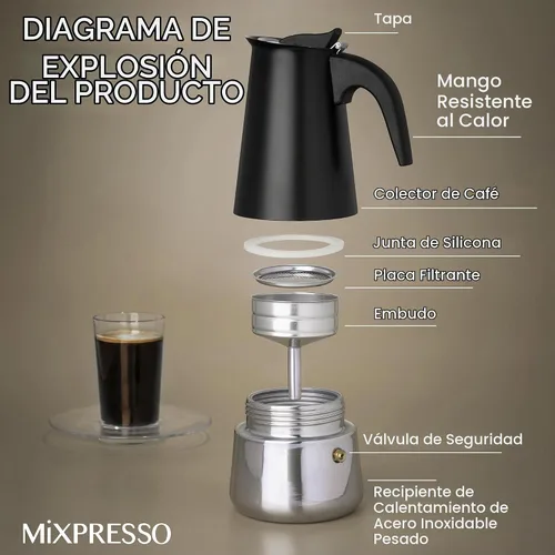 Vista 2 de Mixpresso Cafetera Espresso Greca Negra para Estufa de 6 Tazas 300ml/10oz, Olla Moka con Diseño de Percolador de Café, Cafetera de Acero Inoxidable