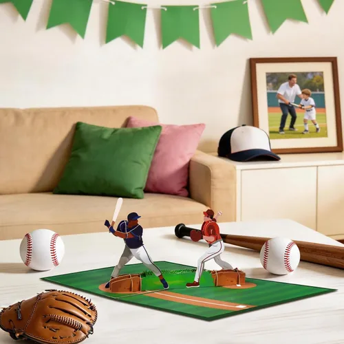 Vista 4 de GREETING ART Tarjeta desplegable de béisbol, tarjetas de cumpleaños de béisbol, tarjeta del día del padre, tarjetas de felicitación deportivas