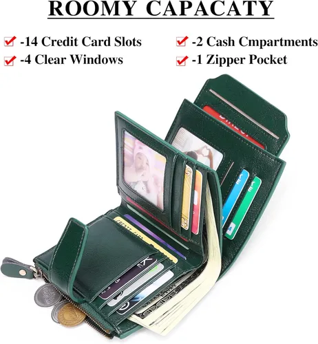 Vista 2 de FALAN MULE - Cartera de cuero auténtico para mujer, pequeña plegable , compacta, con interferencia de radiofrecuencia (RFID)