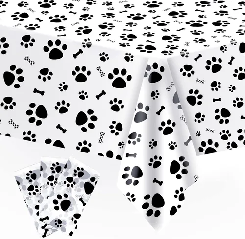 Vista 8 de DUAIAI Mantel con estampado de patas, 1 paquete de plástico de tamaño grande de 54 x 108 pulgadas, mantel con estampado de pata de perro y letrero