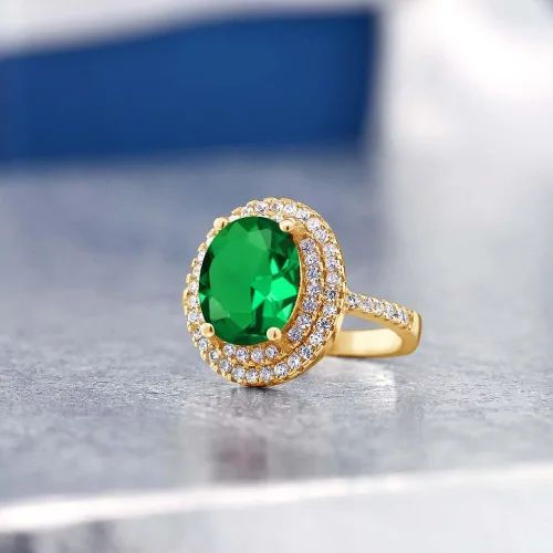Vista 5 de Gem Stone King Anillo de esmeralda simulada de plata chapada en oro amarillo de 18 quilates para mujer