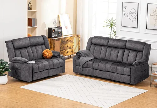 Vista 11 de COMHOMA Juegos de muebles de sala de estar, sofá reclinable manual, sofá reclinable de tela de 2 asientos, respaldo ergonómico con portavasos