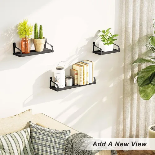 Vista 9 de Love-KANKEI Estantes flotantes montados en la pared de madera rústica, juego de 3 estantes para dormitorio, sala de estar, baño, cocina, color negro