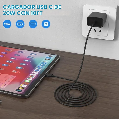 Vista 5 de Cargador de carga rápida para iPhone 16 y 15, paquete de 3 cargadores USB C PD de 20 W con cable de 10 pies, cable USB C tipo C para iPhone 16/16