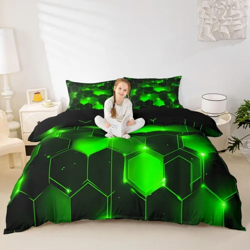Vista 14 de Juego de ropa de cama geométrica de panal verde y azul, funda de edredón hexagonal estereoscópica para niños y niñas, funda de edredón hexagonal