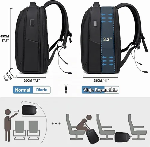 Vista 3 de Mochila de negocios FENRUIEN para hombres profesionales, Negro, Ampliable