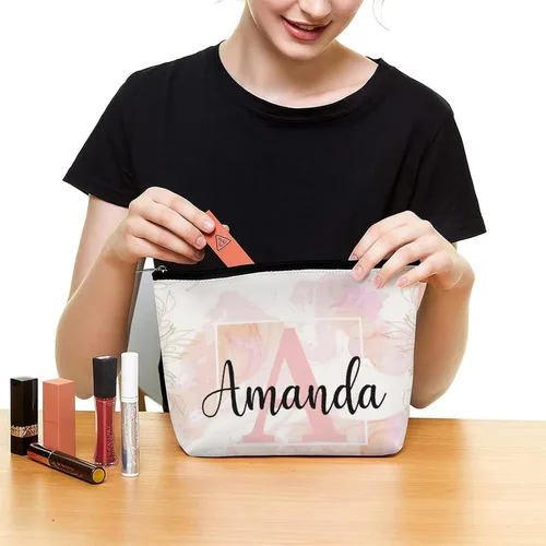 Vista 5 de Bolsa de maquillaje personalizada del alfabeto A-Z, con monograma floral, bolsa de cosméticos con nombre personalizado, bolsa de maquillaje pequeña
