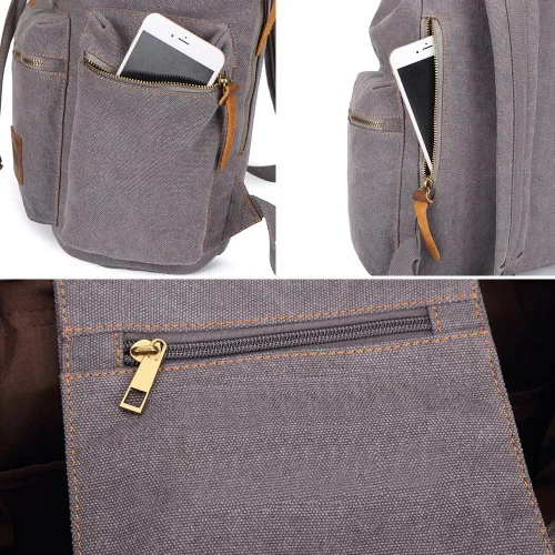 Vista 6 de Bluboon Mochila vintage con ribete de cuero casual para hombres y mujeres, mochila de viaje para computadora portátil