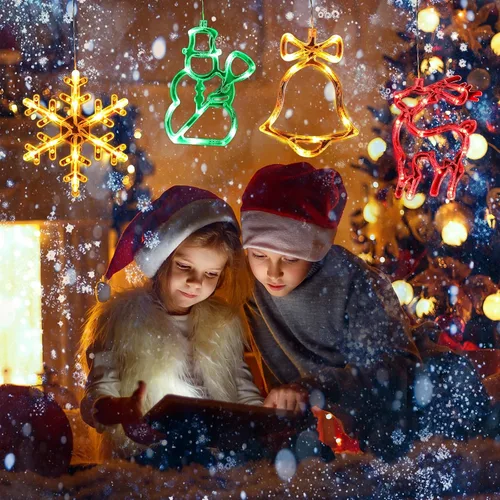 Vista 5 de Baquler 6 piezas de luces de ventana de Navidad con ventosa, luces colgantes para ventanas de Navidad que funcionan con pilas, Santa, reno, muñeco